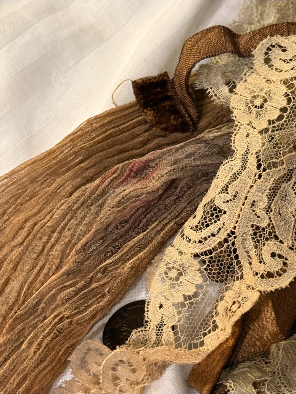Insane Brown Scoop Neck Top with Lace Sleeves and Ruffles and Feather Accents - Picture 11 of 13